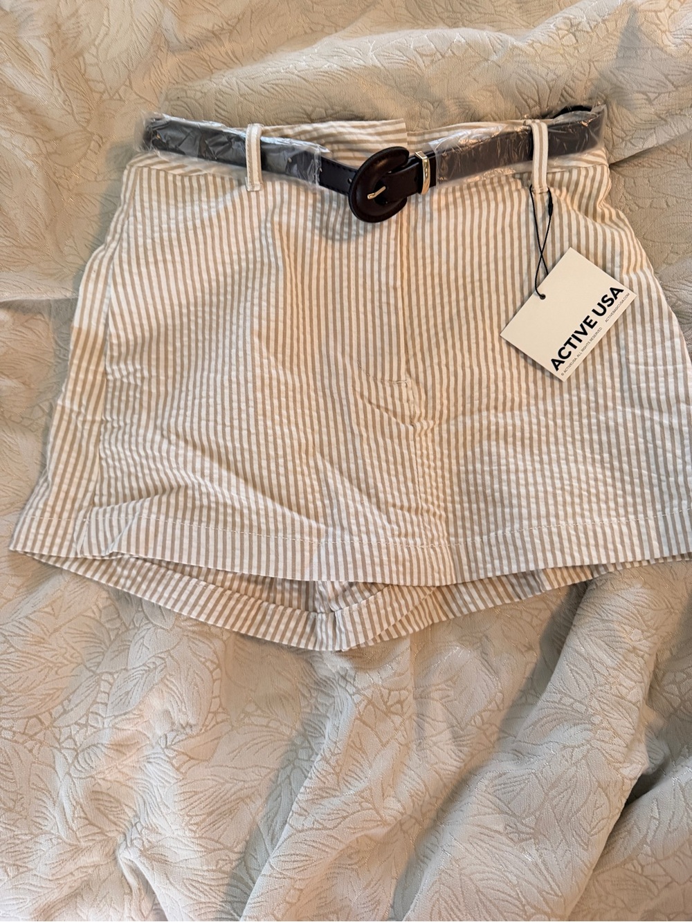 Active USA Cream & White Striped Linen-Blend Shorts with Belt